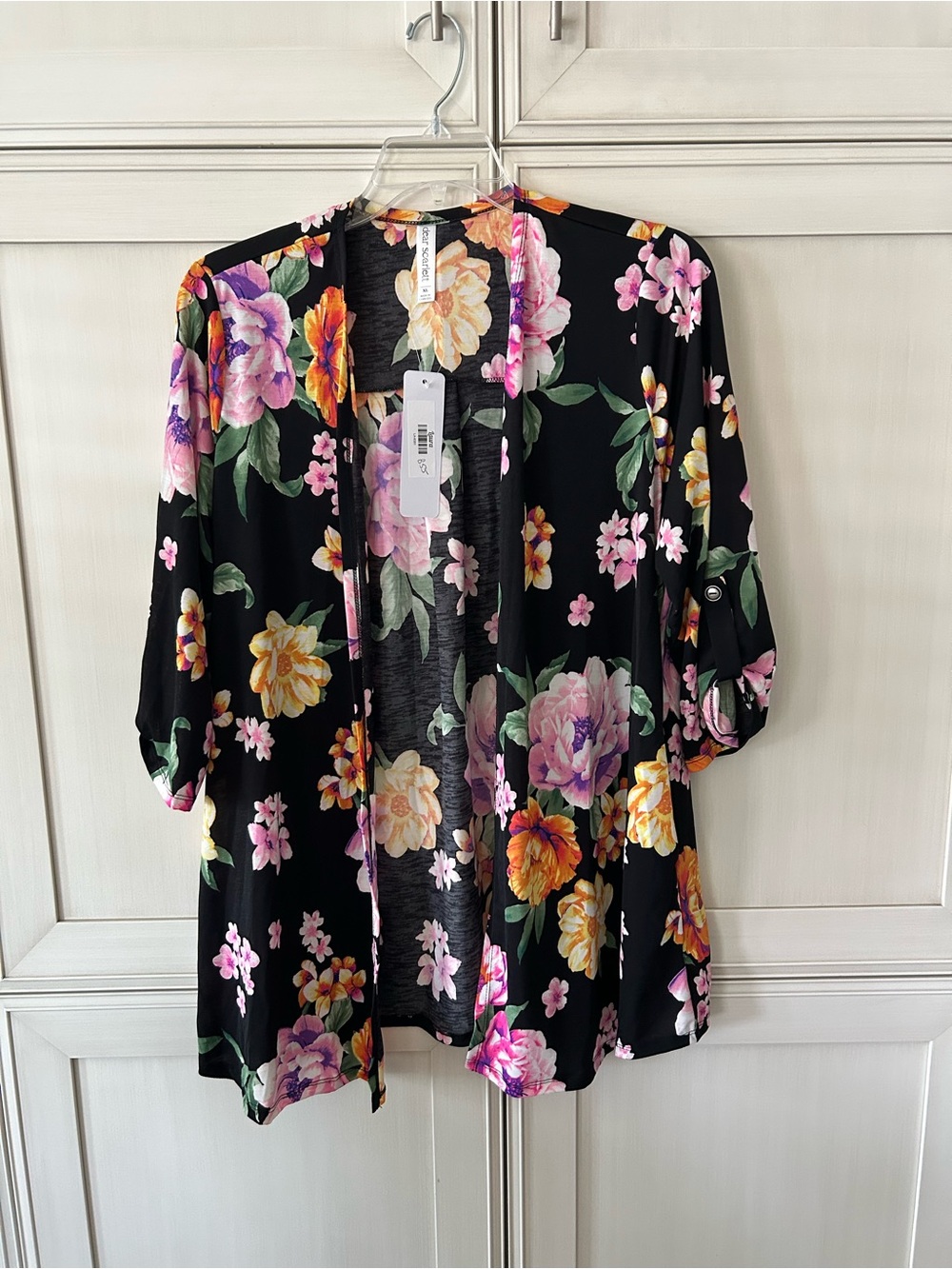 Floral Open-Front Kimono Tunic in Black with Pink & Yellow Blooms